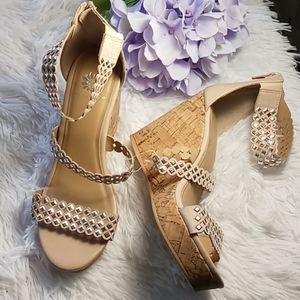 Yellow Box wedge cork heels back ziper, sz 8